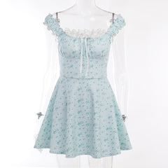 Cap sleeve lace hem ruched flower print contrast mini dress