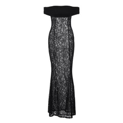 Lace off shoulder see through solid ruched maxi dress