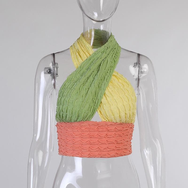 Open back ruffled halter top