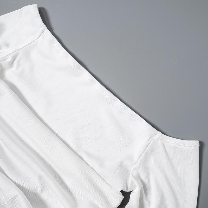 Ribbed long flared sleeve solid ruched off shoulder top