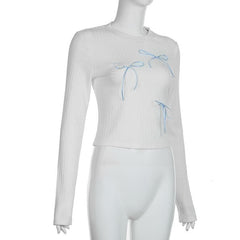 Bowknot contrast long sleeve crewneck top