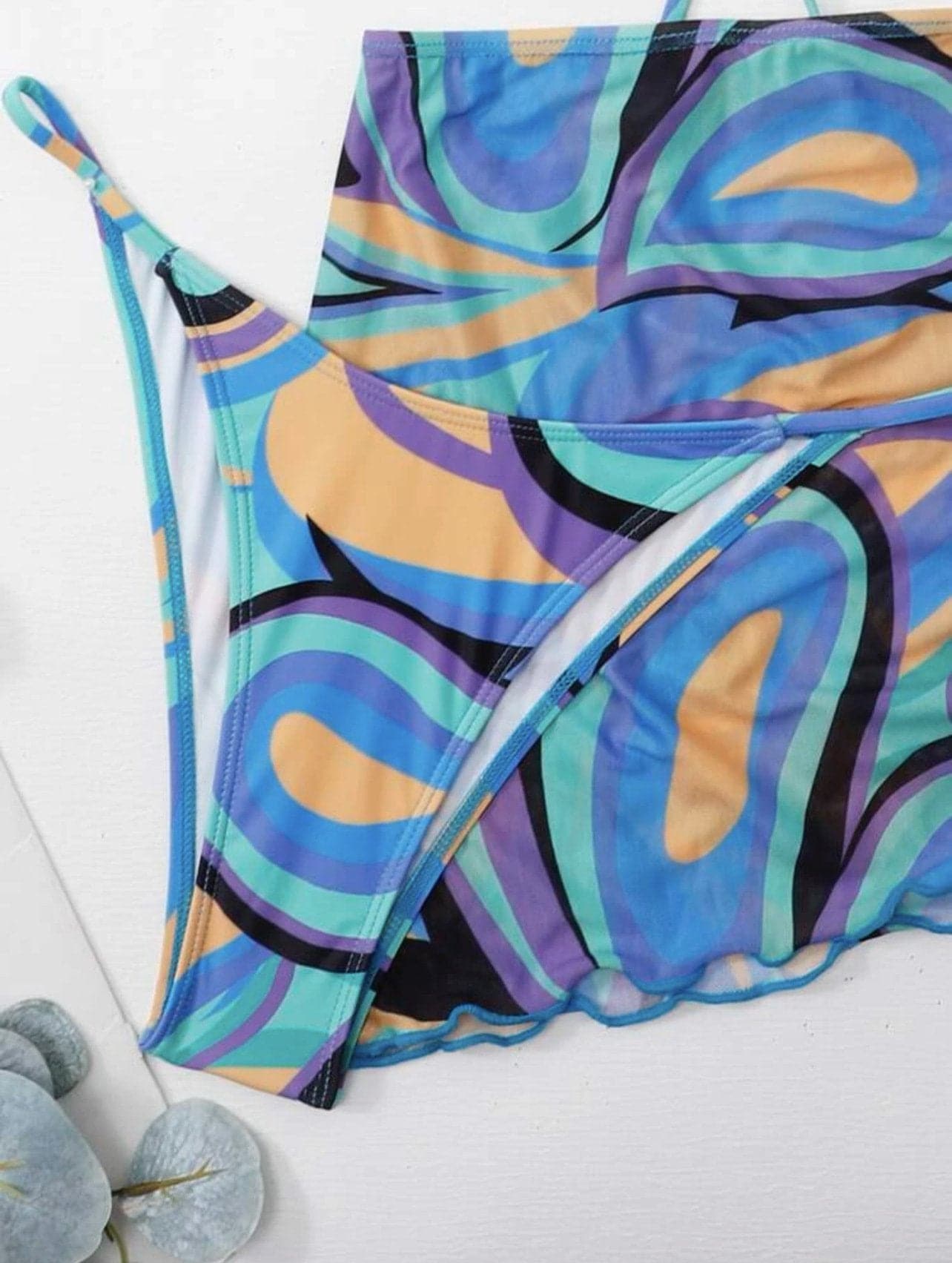 Contrast print halter drawstring mesh backless 3 piece swimwear