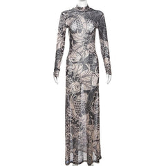 Sheer mesh see through abstract long sleeve high neck maxi dress
