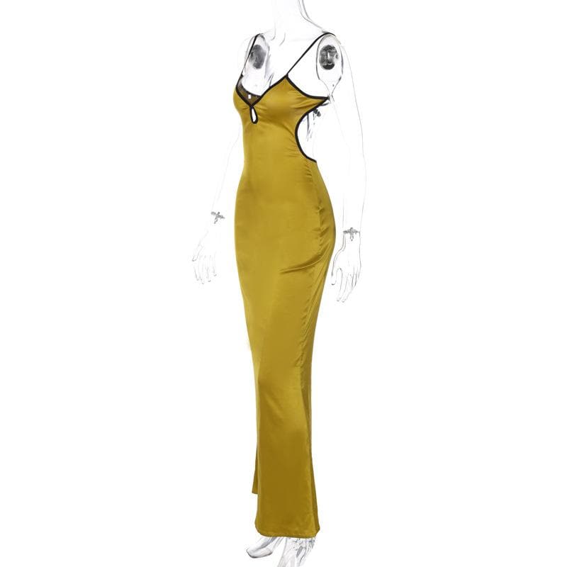 Backless v neck self tie contrast hollow out cami maxi dress