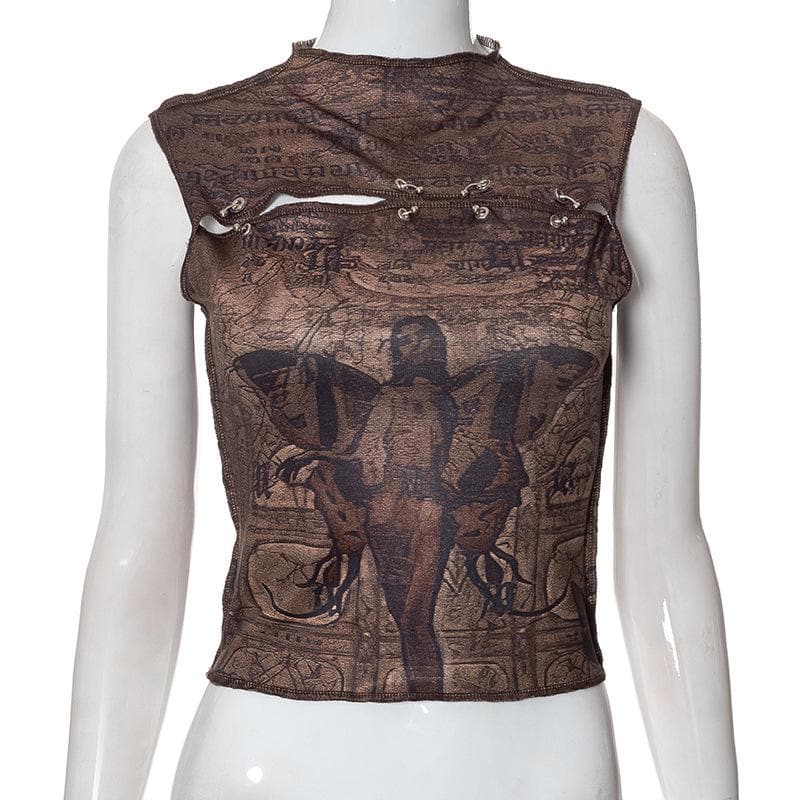 Stitch abstract print sleeveless hollow out o ring crop cut out top