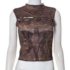 Stitch abstract print sleeveless hollow out o ring crop cut out top
