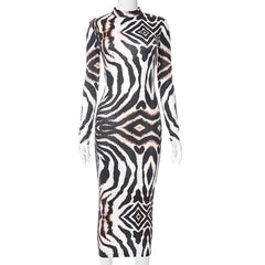 Backless self tie long sleeve tiger print contrast midi dress