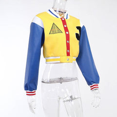 Patchwork contrast long sleeve button embroidery coat top