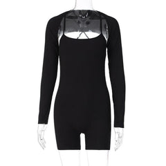 Solid ribbed cross back long sleeve shrug romper