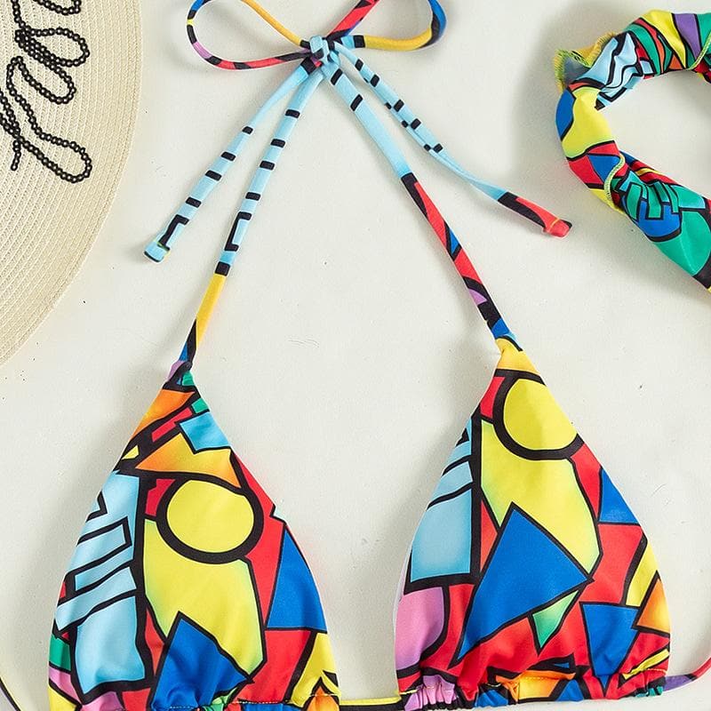 Contrast print self tie halter backless 3 piece swimwear