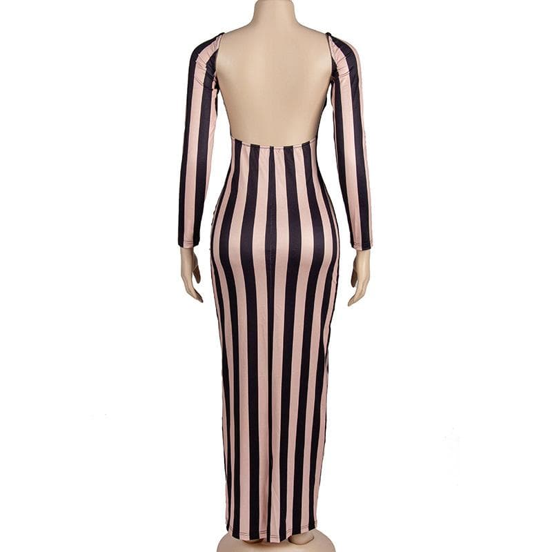 Striped print backless long sleeve contrast round neck maxi dress