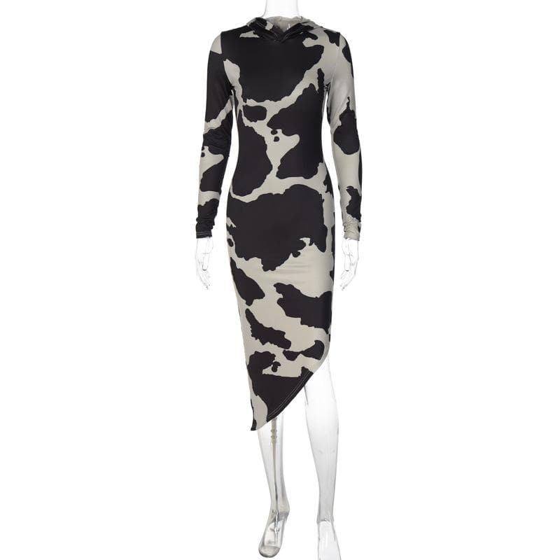 Cow print long sleeve contrast hoodie irregular midi dress