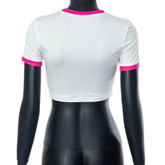 Short sleeve car pattern contrast patchwork crop top