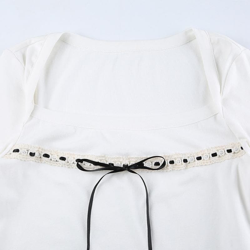 Square neck contrast long sleeve stitch bowknot crop top