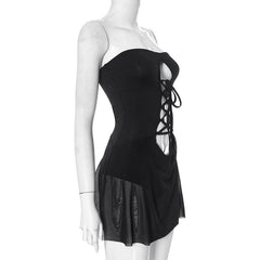 Hollow out solid lace up ruffle backless mini dress