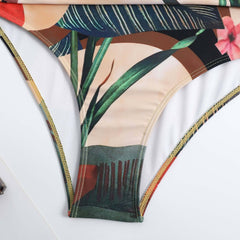 V neck backless leaf pattern ruched one piece swimwear