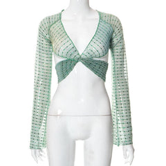 Sheer mesh see through knotted self tie long sleeve glitter crop top