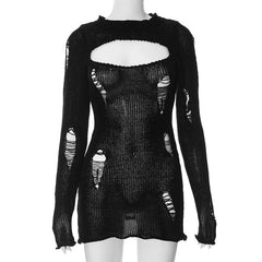 Crochet hollow out solid long sleeve mini dress