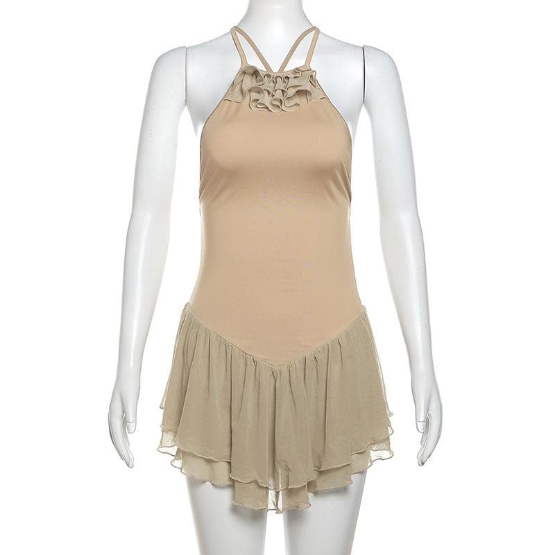 Cross back ruffle mesh patchwork ruched backless cami mini dress