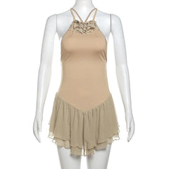 Cross back ruffle mesh patchwork ruched backless cami mini dress