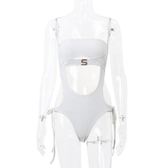 Solid ribbed self tie "S" applique hollow out cami bodysuit