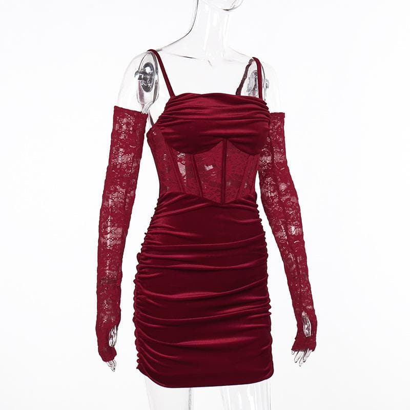 Cowl neck ruched gloves lace velvet zip-up cami mini dress