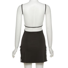 Lace hem solid hollow out backless slit cami mini dress