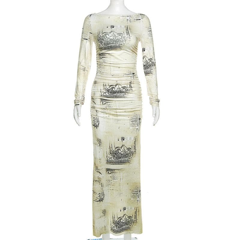 Contrast print ruched long sleeve maxi dress