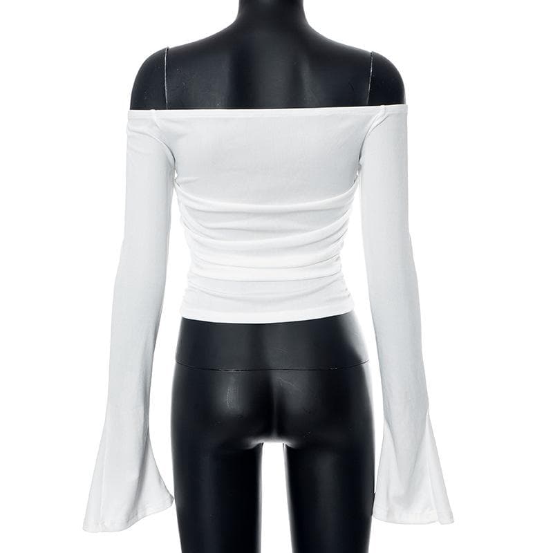 Ribbed long flared sleeve solid ruched off shoulder top