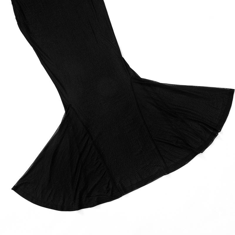 Sheer mesh see through long flared sleeve solid maxi dress