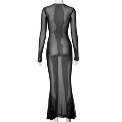 Sheer mesh see through long flared sleeve solid maxi dress