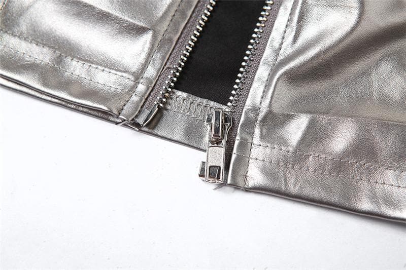 Solid metallic sleeveless zip-up hollow out buckle tube cut out top