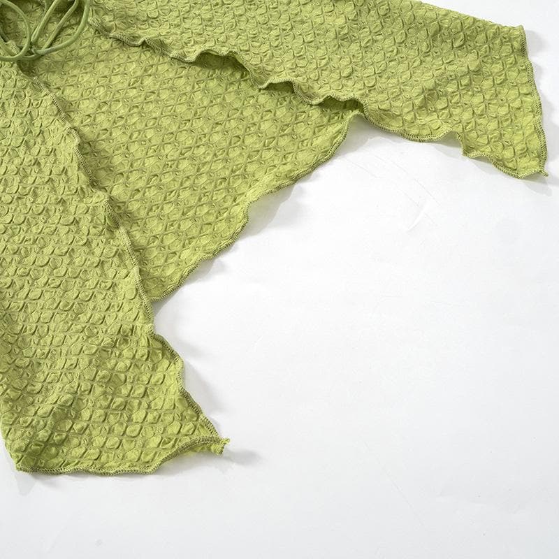 Textured solid slit flared sleeve ruffle self tie crop top