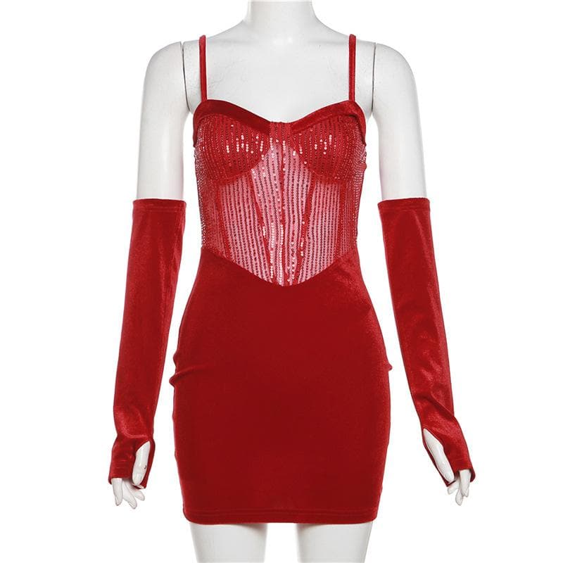 Sweetheart neck gloves velvet glitter mesh patchwork cami dress