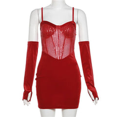 Sweetheart neck gloves velvet glitter mesh patchwork cami dress