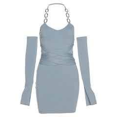 Self tie ribbed metal chain off shoulder long sleeve dress