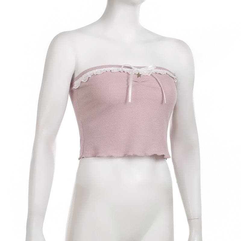 Textured lace hem backless ruffle contrast tube crop top