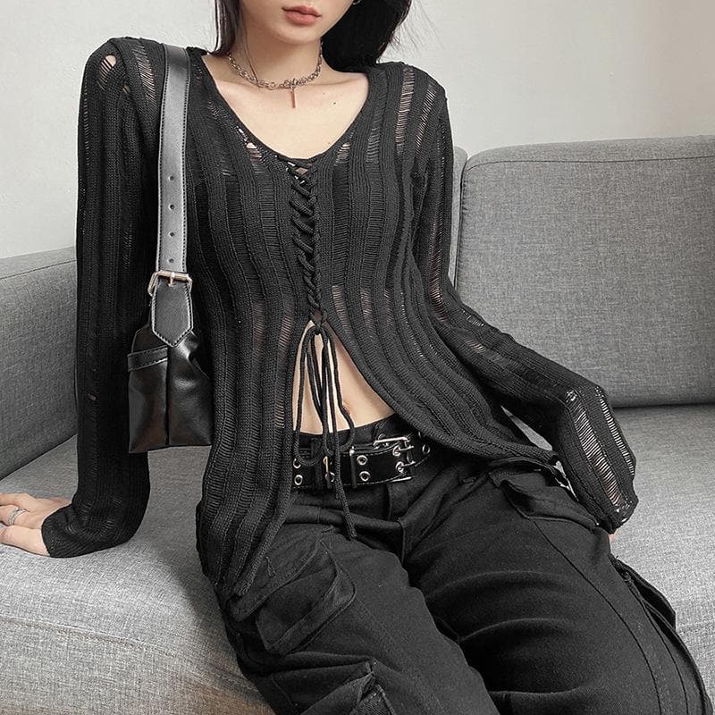 Solid long sleeve knitted slit lace up self tie top
