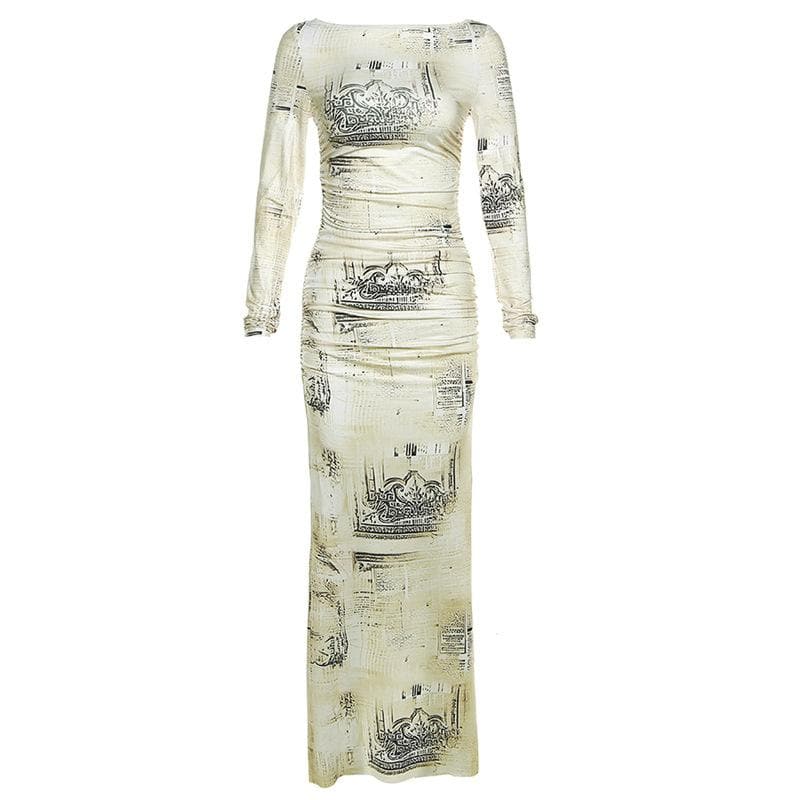 Contrast print ruched long sleeve maxi dress