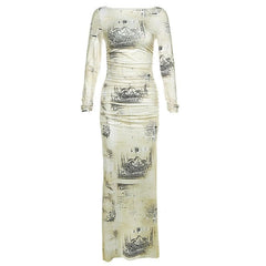 Contrast print ruched long sleeve maxi dress