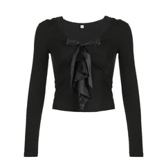Patchwork solid long sleeve bowknot v neck top