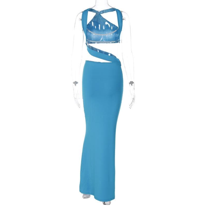 Backless hollow out o ring pearl chain solid maxi dress