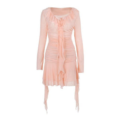 Ruffle solid self tie ruched long sleeve mesh mini dress