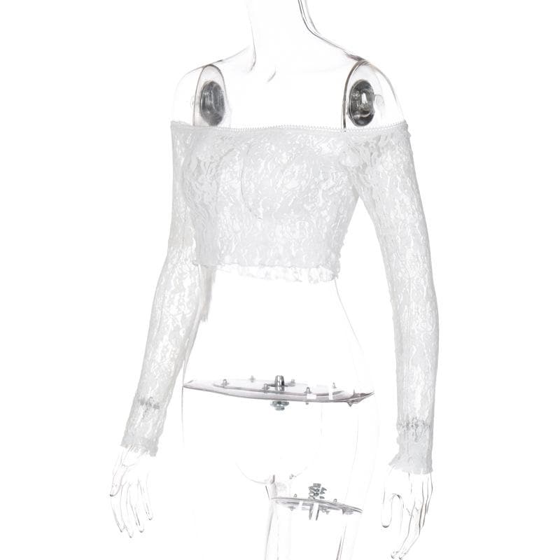Off shoulder long sleeve lace see through solid crop top