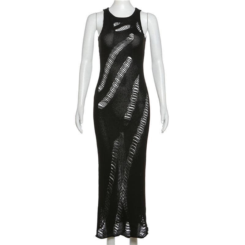 Crochet solid hollow out sleeveless irregular maxi dress