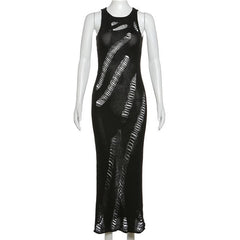 Crochet solid hollow out sleeveless irregular maxi dress