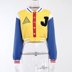 Patchwork contrast long sleeve button embroidery coat top