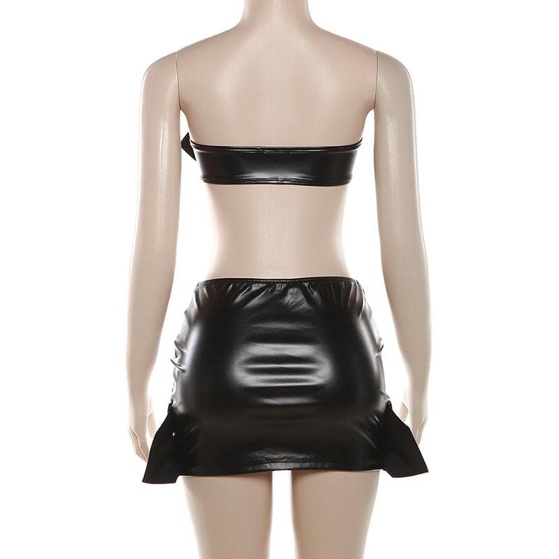 Buckle PU leather cross front backless solid tube mini skirt set