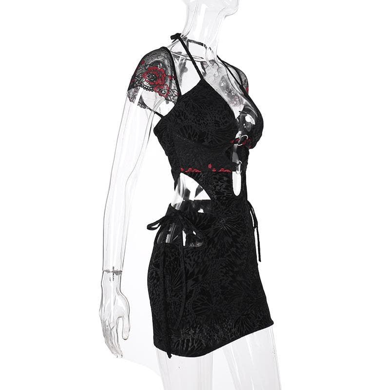 Cap sleeve halter o ring deep V neck hollow out lace mini dress