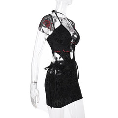 Cap sleeve halter o ring deep V neck hollow out lace mini dress